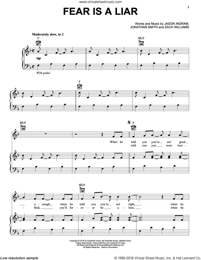 Fear Is A Liar sheet music for voice, piano or guitar by Zach Williams, Jason Ingram and Jonathan Smith, intermediate skill level