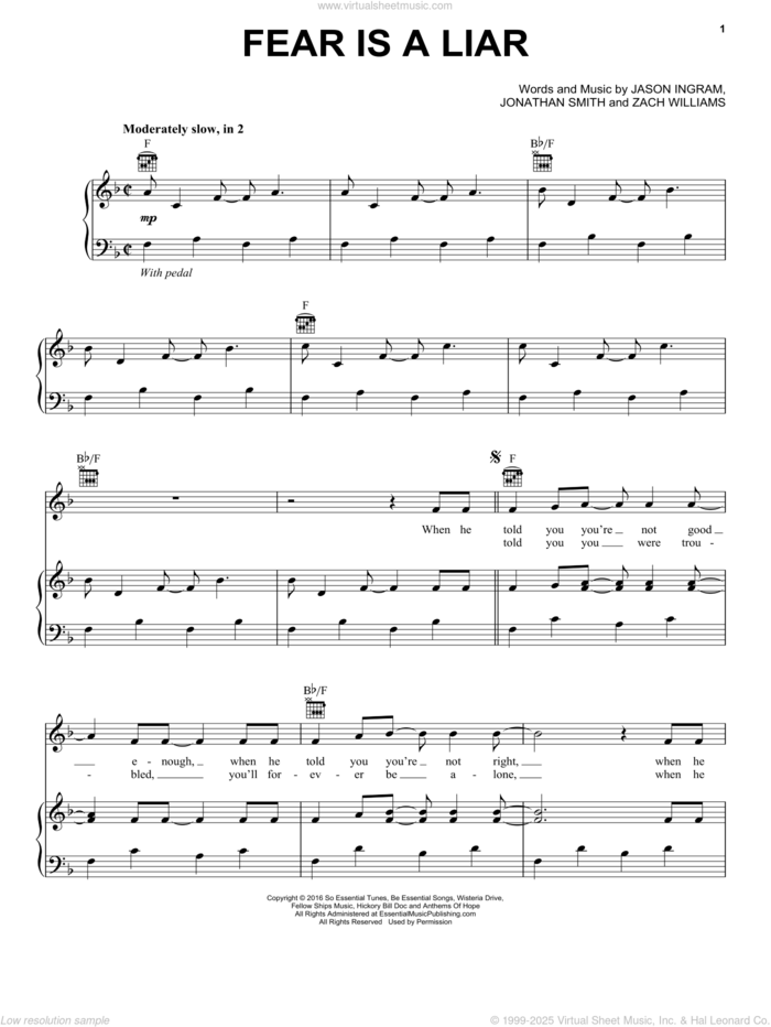 Fear Is A Liar sheet music for voice, piano or guitar by Zach Williams, Jason Ingram and Jonathan Smith, intermediate skill level