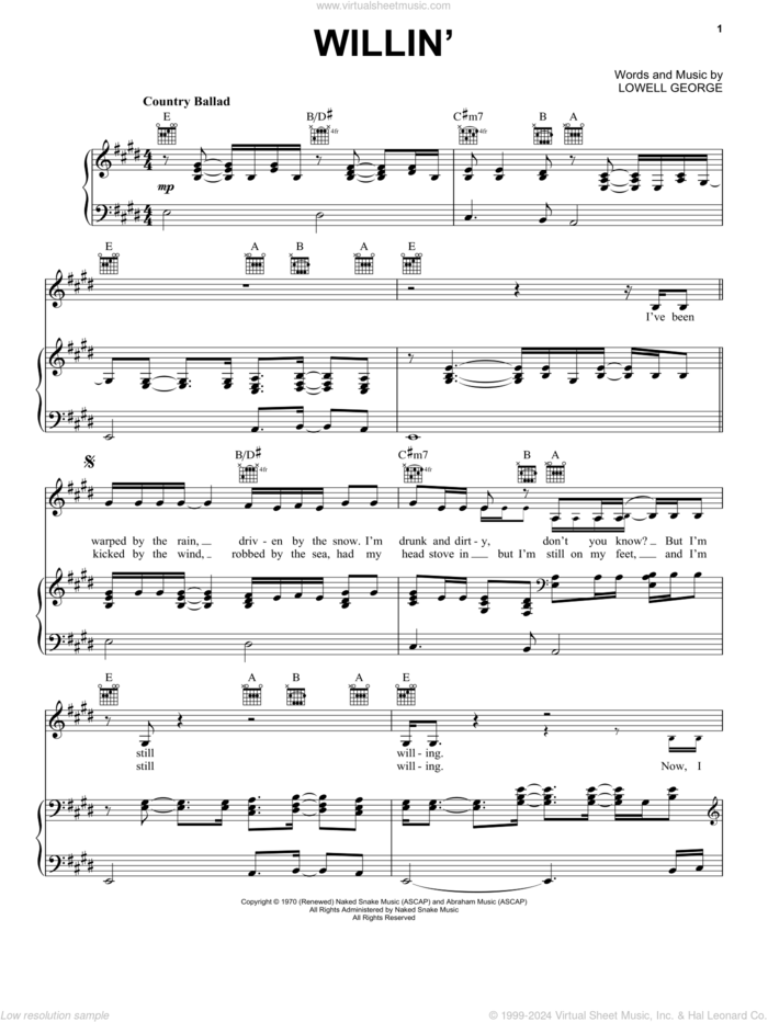 Willin' sheet music for voice, piano or guitar by Little Feat and Lowell George, intermediate skill level