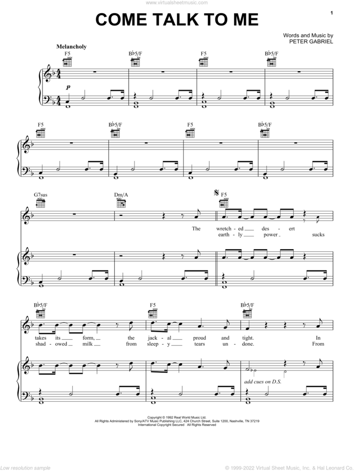 Come Talk To Me sheet music for voice, piano or guitar by Peter Gabriel, intermediate skill level