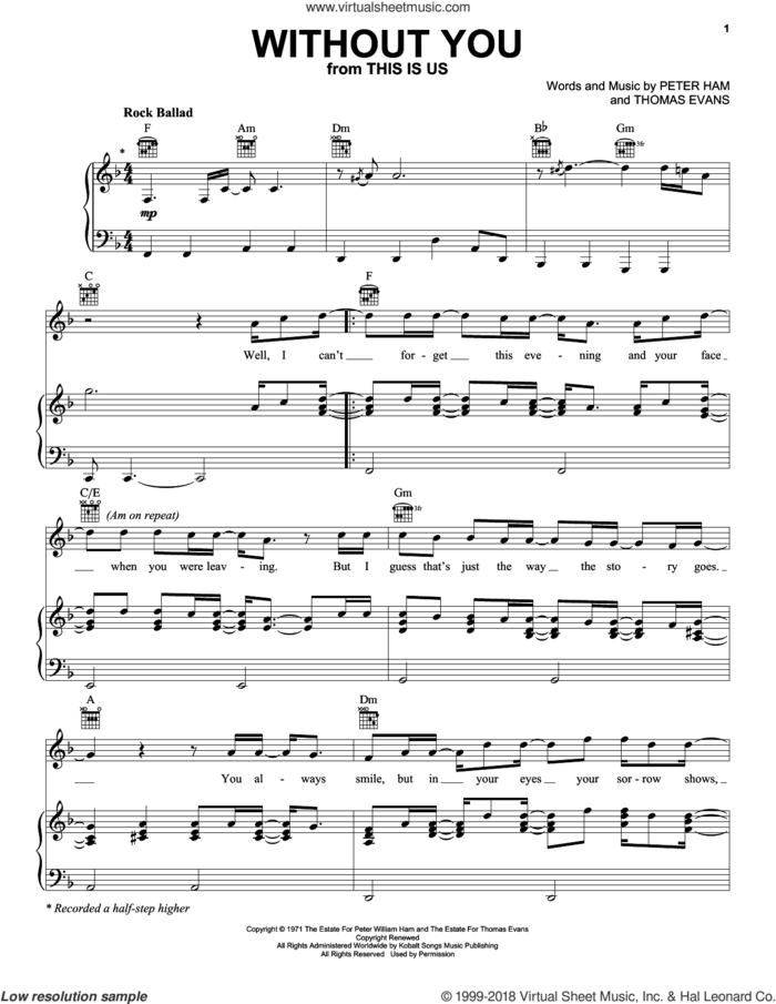 Without You sheet music for voice, piano or guitar by Air Supply, Nilsson, Pete Ham and Thomas Evans, intermediate skill level