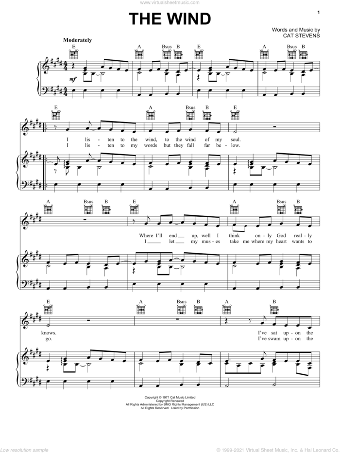 The Wind sheet music for voice, piano or guitar by Cat Stevens, intermediate skill level