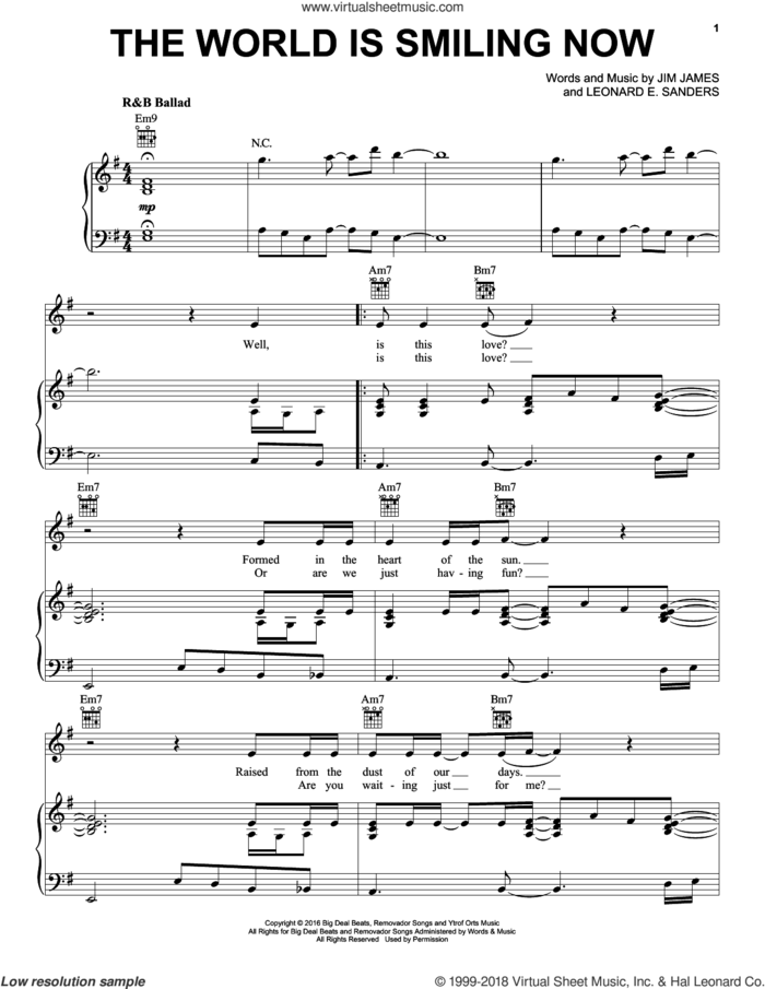 The World Is Smiling Now sheet music for voice, piano or guitar by Jim James and Leonard E. Sanders, intermediate skill level