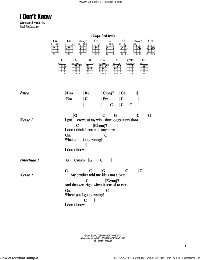 I Don't Know sheet music for guitar (chords) by Paul McCartney, intermediate skill level