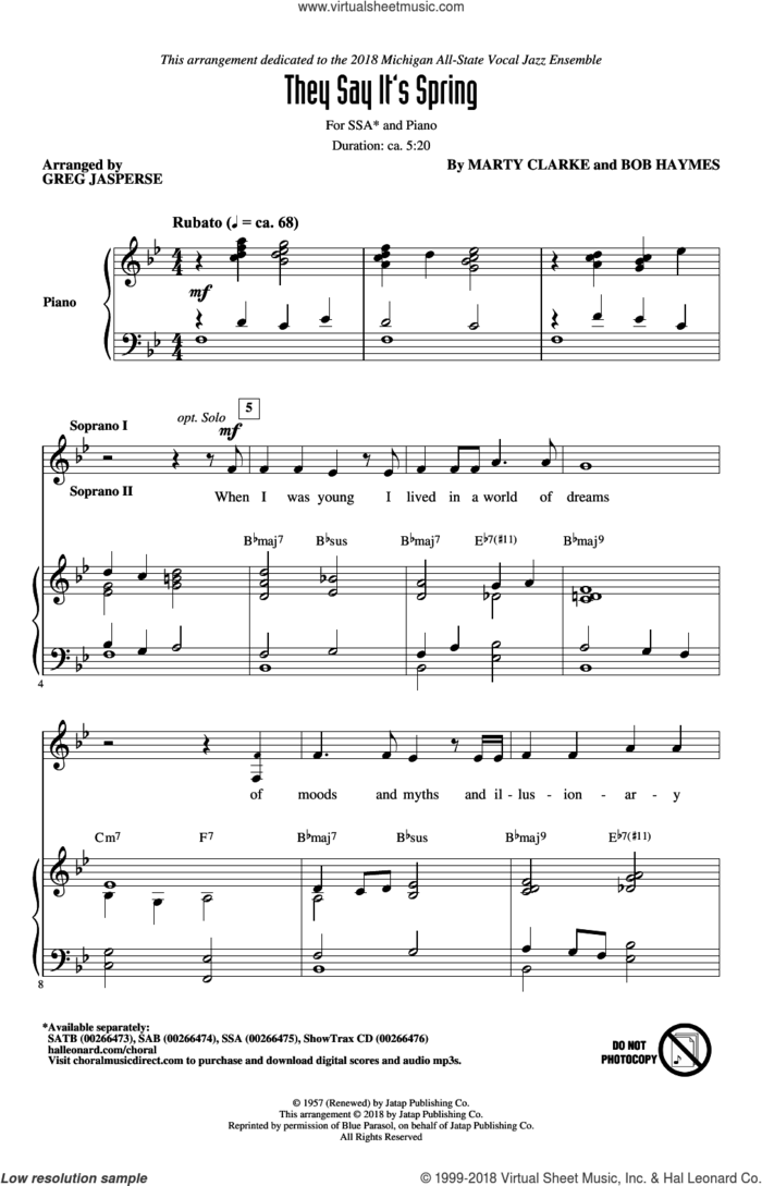 They Say It's Spring sheet music for choir (SSA: soprano, alto) by Bob Haymes, Greg Jasperse and Marty Clarke, intermediate skill level