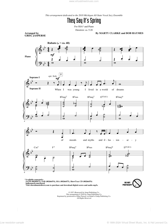 They Say It's Spring sheet music for choir (SSA: soprano, alto) by Greg Jasperse, Bob Haymes and Marty Clarke, intermediate skill level