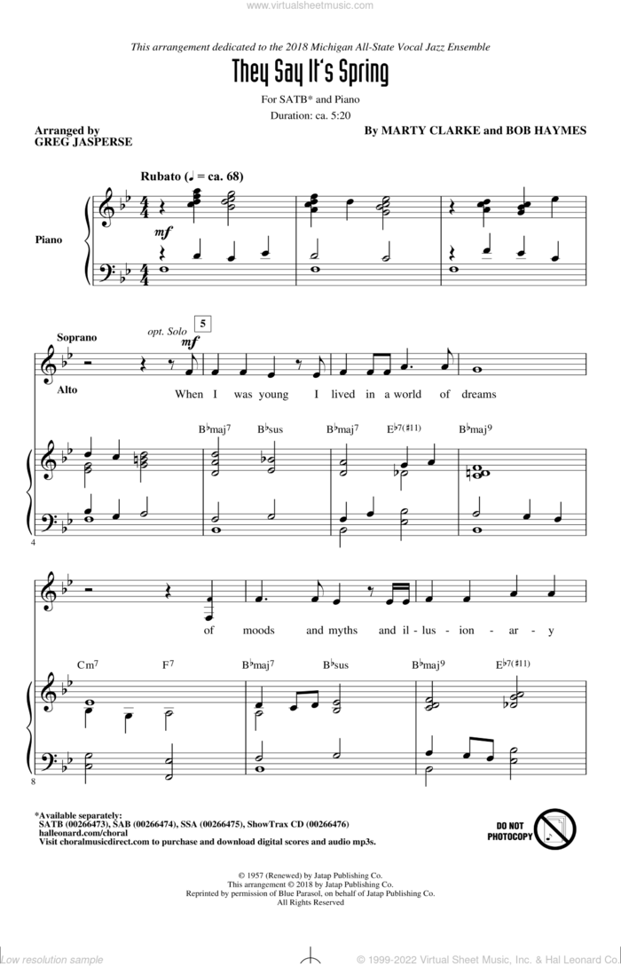 They Say It's Spring sheet music for choir (SATB: soprano, alto, tenor, bass) by Bob Haymes, Greg Jasperse and Marty Clarke, intermediate skill level