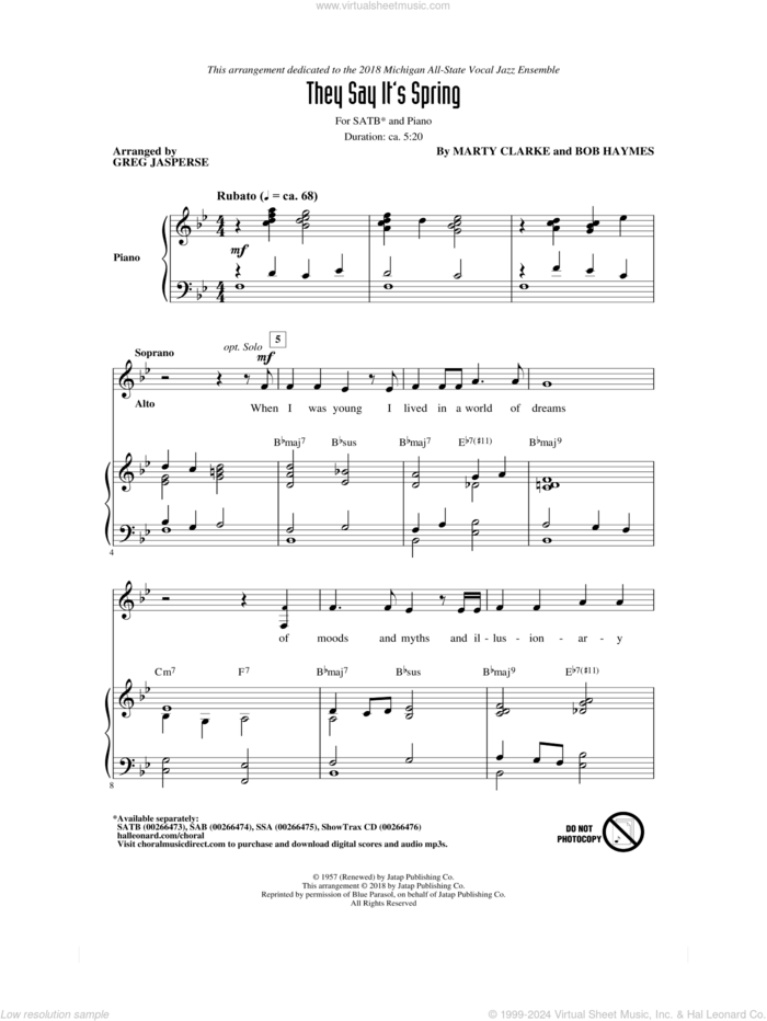 They Say It's Spring sheet music for choir (SATB: soprano, alto, tenor, bass) by Greg Jasperse, Bob Haymes and Marty Clarke, intermediate skill level