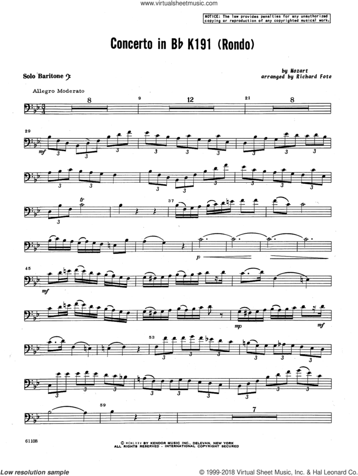 Concerto In Bb K191 (Rondo) (complete set of parts) sheet music for baritone B.C., T.C. and piano by Wolfgang Amadeus Mozart and Richard Fote, classical score, intermediate skill level