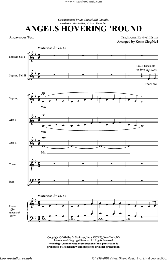 Angels Hovering Round sheet music for choir (SATB: soprano, alto, tenor, bass) by Kevin Siegfried and Traditional Revival Hymn, intermediate skill level