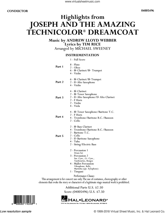 Highlights from Joseph and the Amazing Technicolor Dreamcoat (COMPLETE) sheet music for concert band by Andrew Lloyd Webber and Michael Sweeney, intermediate skill level