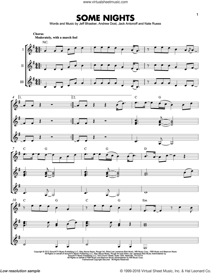 Some Nights sheet music for guitar ensemble by Jeff Bhasker, Fun, Andrew Dost, Jack Antonoff and Nate Ruess, intermediate skill level