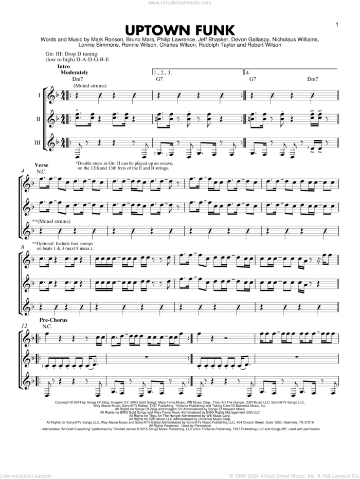 Uptown Funk (feat. Bruno Mars) sheet music for guitar ensemble by Mark Ronson, Mark Ronson ft. Bruno Mars, Bruno Mars, Charles Wilson, Devon Gallaspy, Jeff Bhasker, Lonnie Simmons, Nicholaus Williams, Philip Lawrence, Robert Wilson, Ronnie Wilson and Rudolph Taylor, intermediate skill level