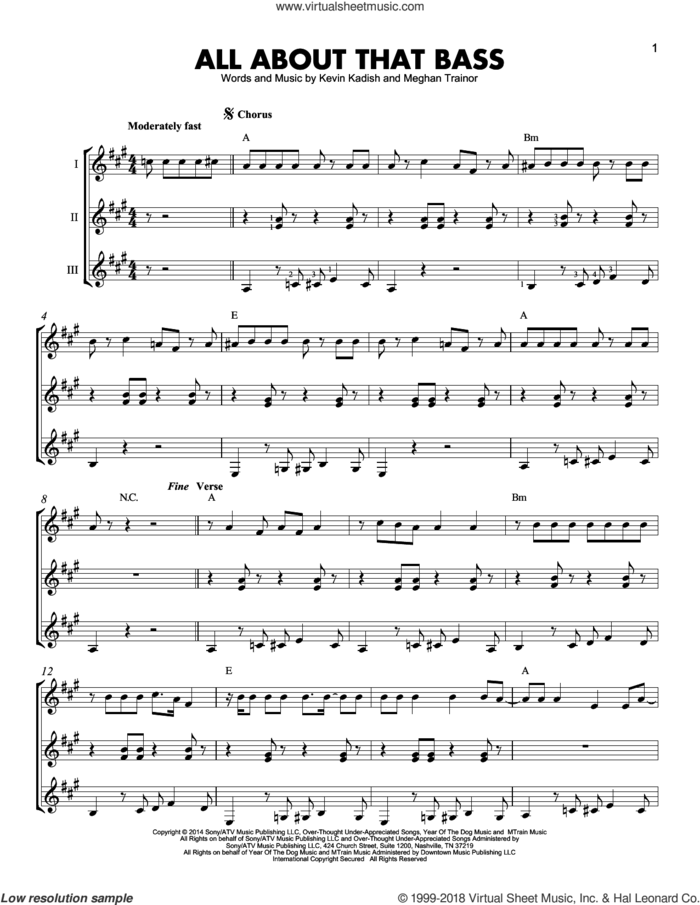 All About That Bass sheet music for guitar ensemble by Meghan Trainor and Kevin Kadish, intermediate skill level