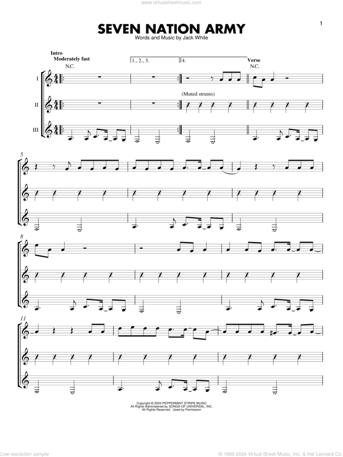 Seven Nation Army sheet music for guitar ensemble by White Stripes and Jack White, intermediate skill level