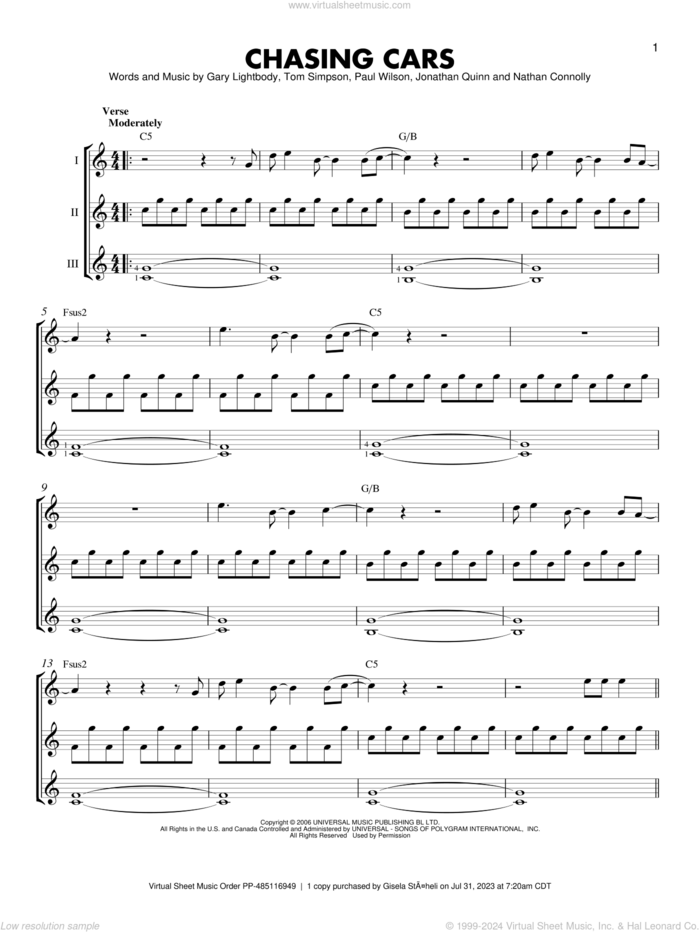 Chasing Cars sheet music for guitar ensemble by Snow Patrol, Gary Lightbody, Jonathan Quinn, Nathan Connolly, Paul Wilson and Tom Simpson, intermediate skill level