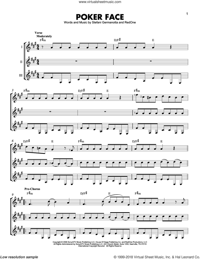 Poker Face sheet music for guitar ensemble by Lady Gaga and RedOne, intermediate skill level