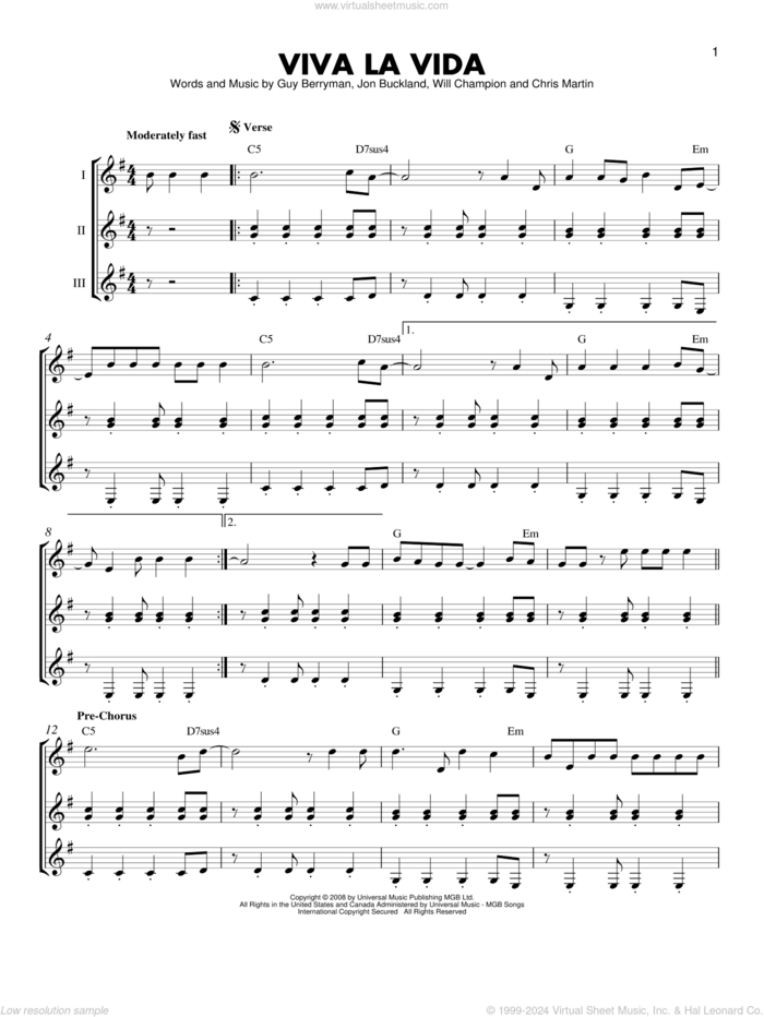 Viva La Vida sheet music for guitar ensemble by Coldplay, Chris Martin, Guy Berryman, Jon Buckland and Will Champion, intermediate skill level