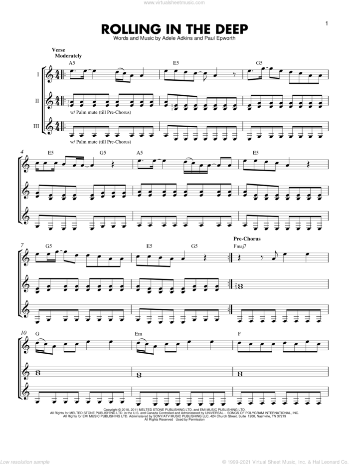 Rolling In The Deep sheet music for guitar ensemble by Adele, Adele Adkins and Paul Epworth, intermediate skill level