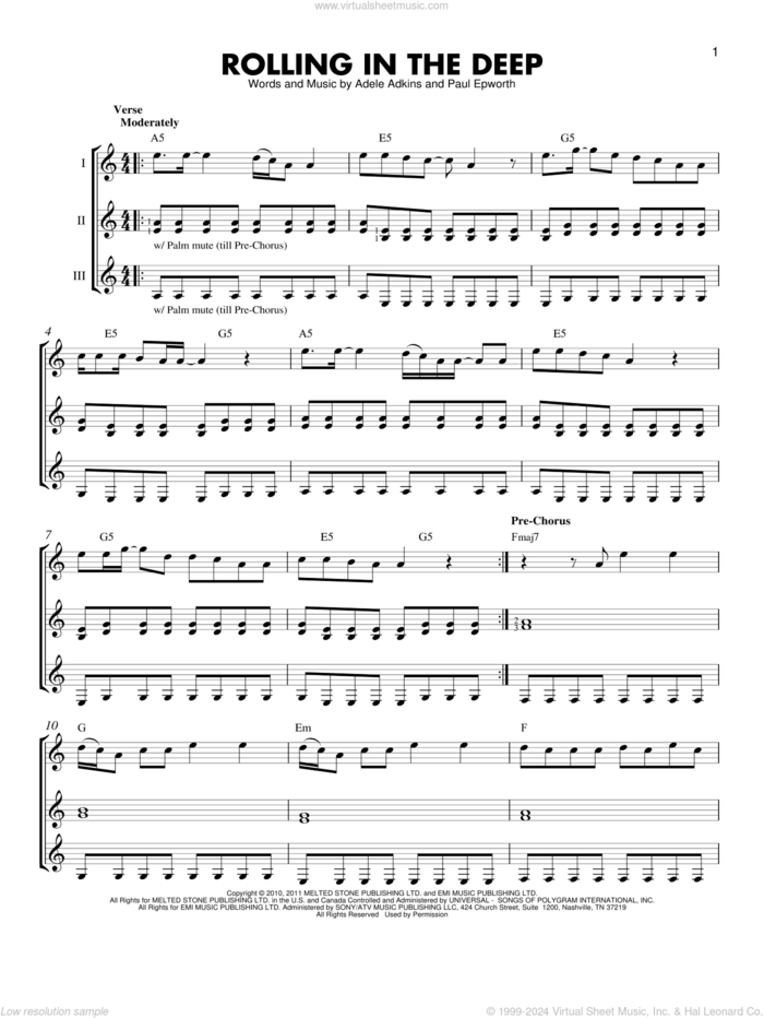 Rolling In The Deep sheet music for guitar ensemble by Adele, Adele Adkins and Paul Epworth, intermediate skill level