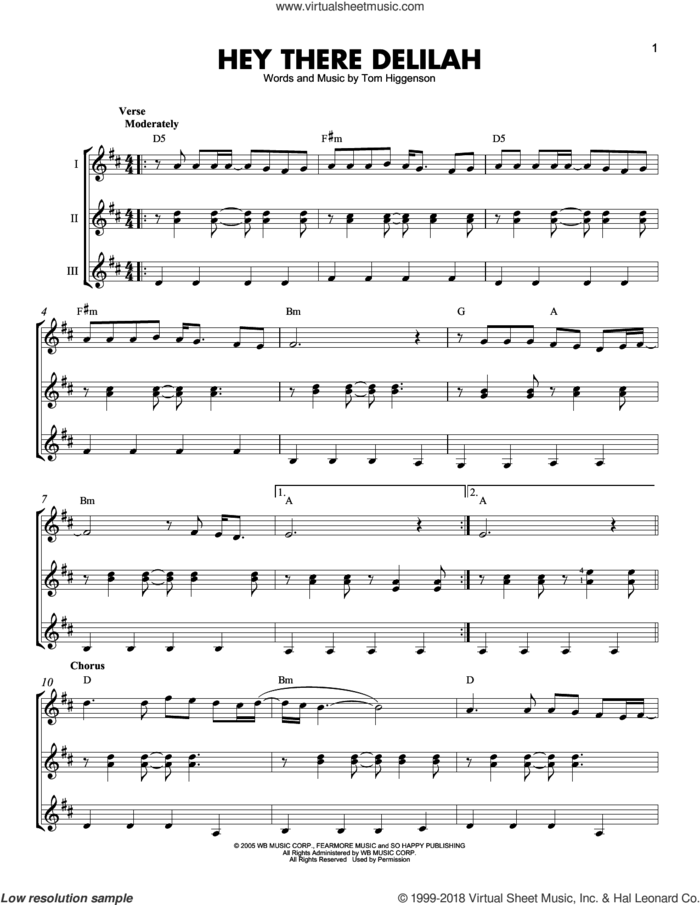 Hey There Delilah sheet music for guitar ensemble by Plain White T's and Tom Higgenson, intermediate skill level