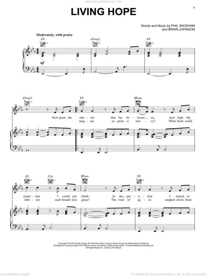 Living Hope sheet music for voice, piano or guitar by Phil Wickham and Brian Johnson, intermediate skill level