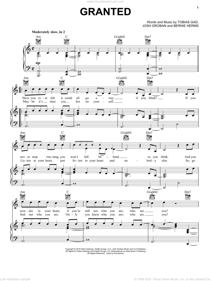 Granted sheet music for voice, piano or guitar by Josh Groban, Bernie Herms and Toby Gad, intermediate skill level
