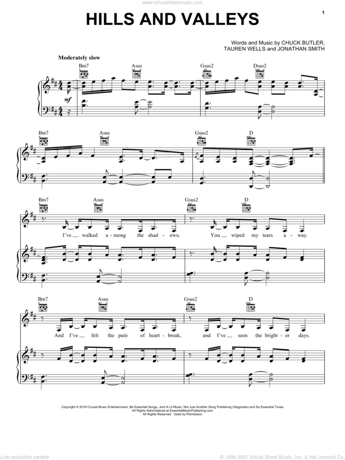 Hills And Valleys sheet music for voice, piano or guitar by Tauren Wells, Chuck Butler and Jonathan Smith, intermediate skill level