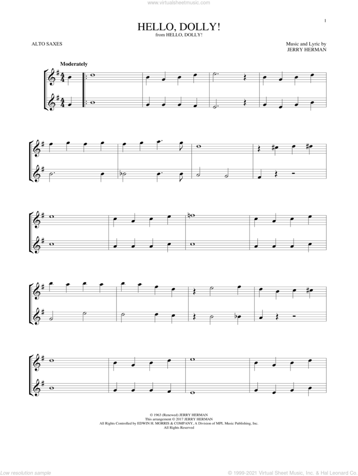Hello, Dolly! sheet music for two alto saxophones (duets) by Louis Armstrong and Jerry Herman, intermediate skill level