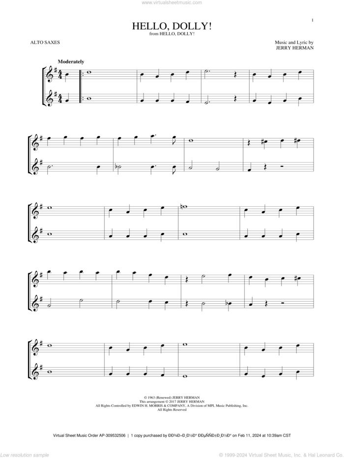 Hello, Dolly! sheet music for two alto saxophones (duets) by Louis Armstrong and Jerry Herman, intermediate skill level