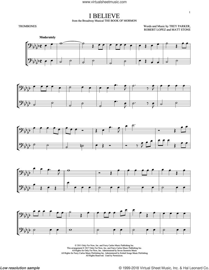 I Believe sheet music for two trombones (duet, duets) by Robert Lopez, Matt Stone, Trey Parker and Trey Parker, Matt Stone & Robert Lopez, intermediate skill level