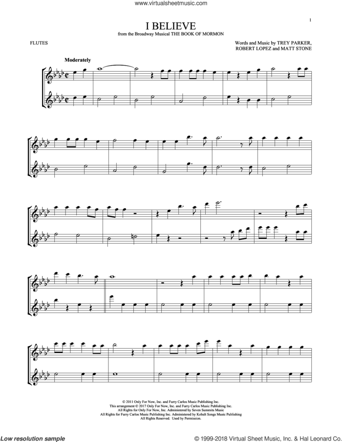 I Believe sheet music for two flutes (duets) by Robert Lopez, Matt Stone, Trey Parker and Trey Parker, Matt Stone & Robert Lopez, intermediate skill level