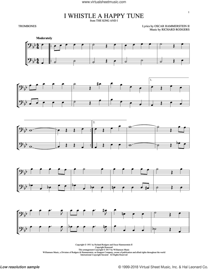 I Whistle A Happy Tune sheet music for two trombones (duet, duets) by Richard Rodgers, Oscar II Hammerstein and Rodgers & Hammerstein, intermediate skill level