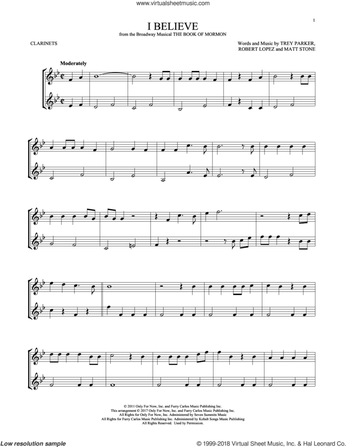 I Believe sheet music for two clarinets (duets) by Robert Lopez, Matt Stone, Trey Parker and Trey Parker, Matt Stone & Robert Lopez, intermediate skill level