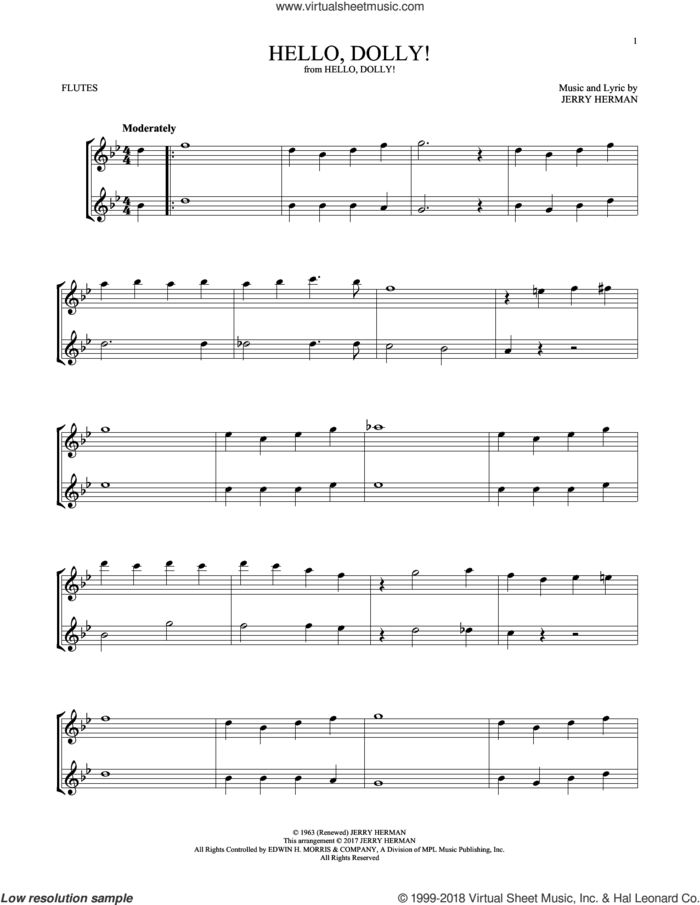 Hello, Dolly! sheet music for two flutes (duets) by Louis Armstrong and Jerry Herman, intermediate skill level