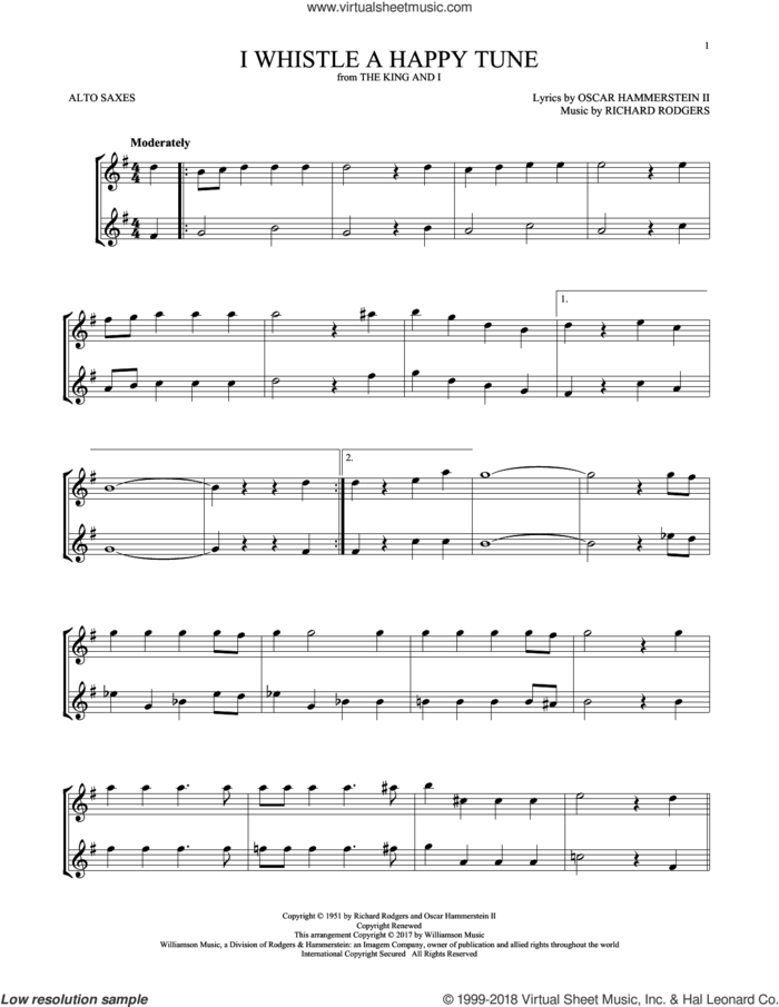 I Whistle A Happy Tune sheet music for two alto saxophones (duets) by Richard Rodgers, Oscar II Hammerstein and Rodgers & Hammerstein, intermediate skill level