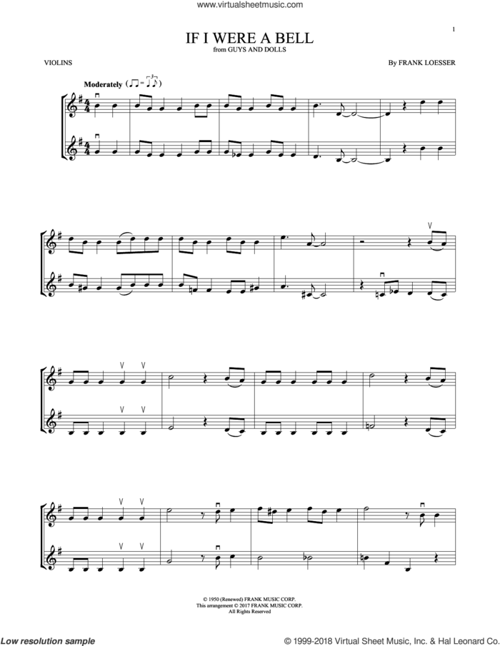 If I Were A Bell sheet music for two violins (duets, violin duets) by Frank Loesser, intermediate skill level