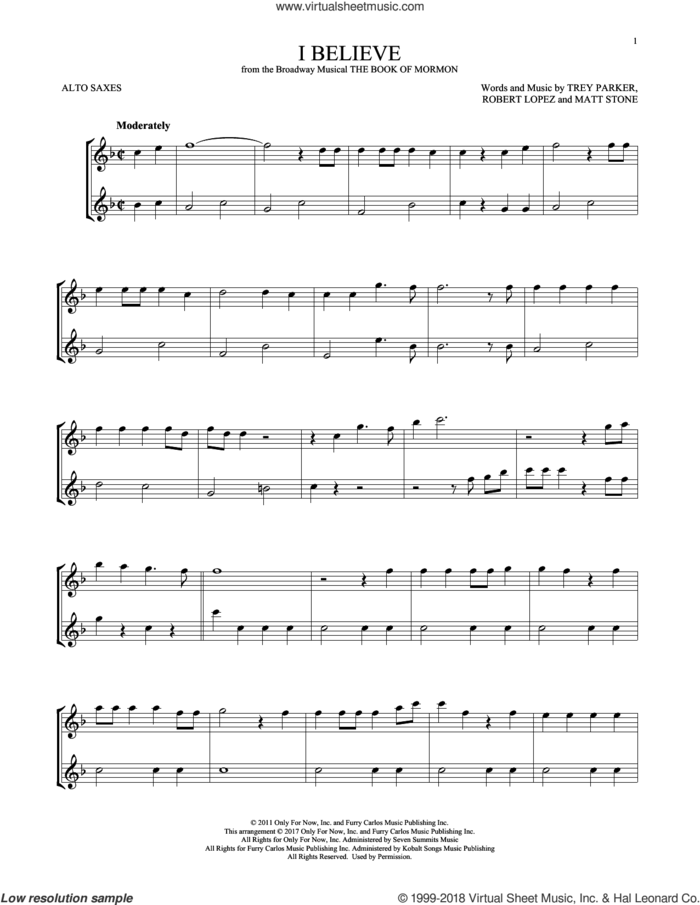 I Believe sheet music for two alto saxophones (duets) by Robert Lopez, Matt Stone, Trey Parker and Trey Parker, Matt Stone & Robert Lopez, intermediate skill level