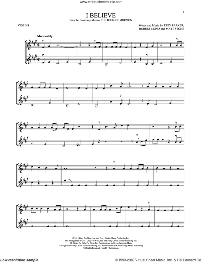 I Believe sheet music for two violins (duets, violin duets) by Robert Lopez, Matt Stone, Trey Parker and Trey Parker, Matt Stone & Robert Lopez, intermediate skill level