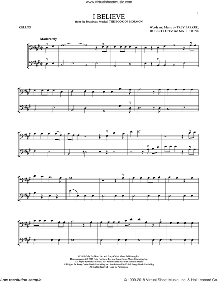 I Believe sheet music for two cellos (duet, duets) by Robert Lopez, Matt Stone, Trey Parker and Trey Parker, Matt Stone & Robert Lopez, intermediate skill level