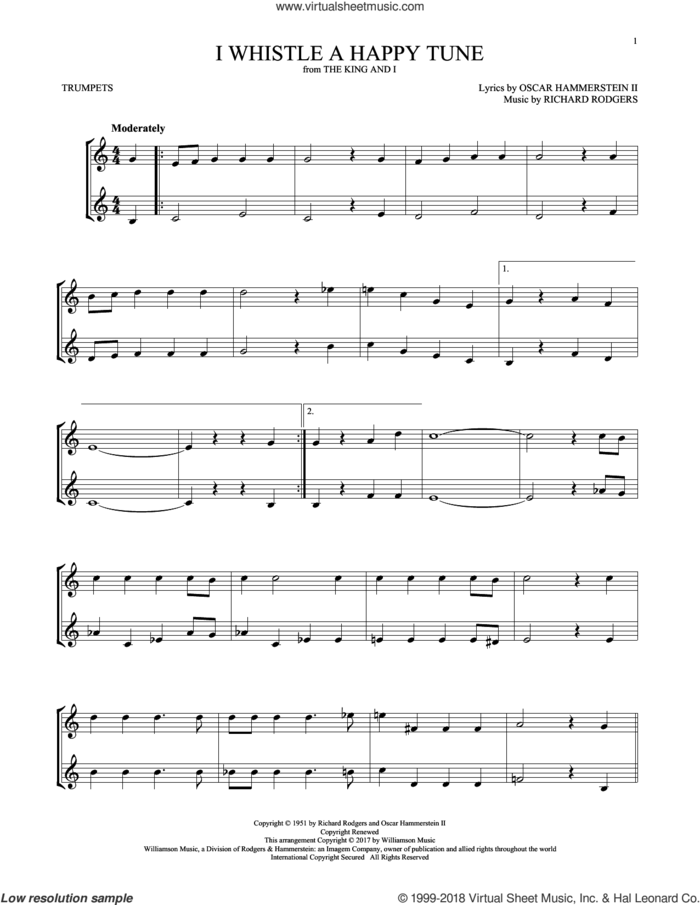 I Whistle A Happy Tune sheet music for two trumpets (duet, duets) by Richard Rodgers, Oscar II Hammerstein and Rodgers & Hammerstein, intermediate skill level