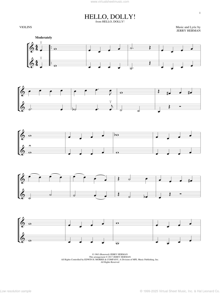 Hello, Dolly! sheet music for two violins (duets, violin duets) by Louis Armstrong and Jerry Herman, intermediate skill level