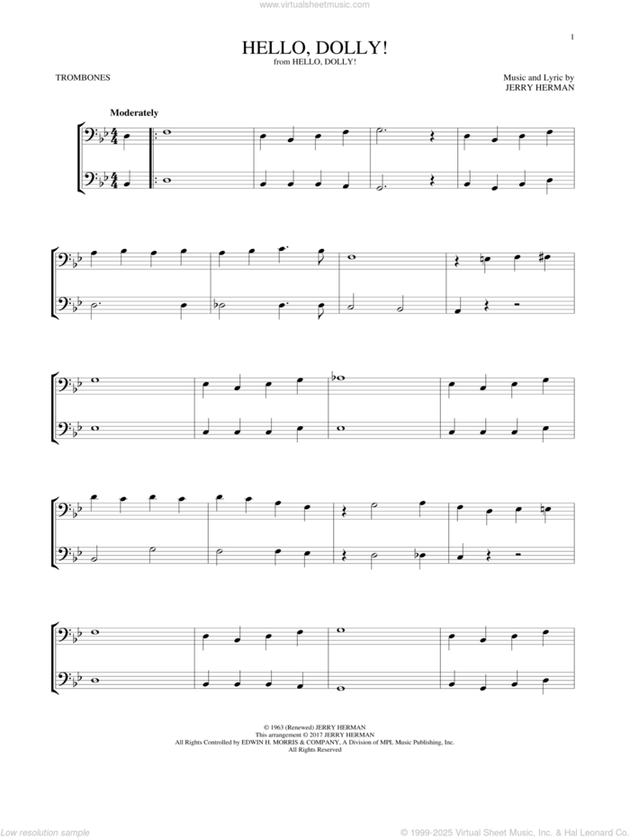 Hello, Dolly! sheet music for two trombones (duet, duets) by Louis Armstrong and Jerry Herman, intermediate skill level