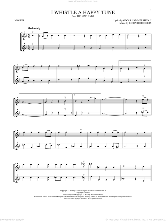 I Whistle A Happy Tune sheet music for two violins (duets, violin duets) by Richard Rodgers, Oscar II Hammerstein and Rodgers & Hammerstein, intermediate skill level