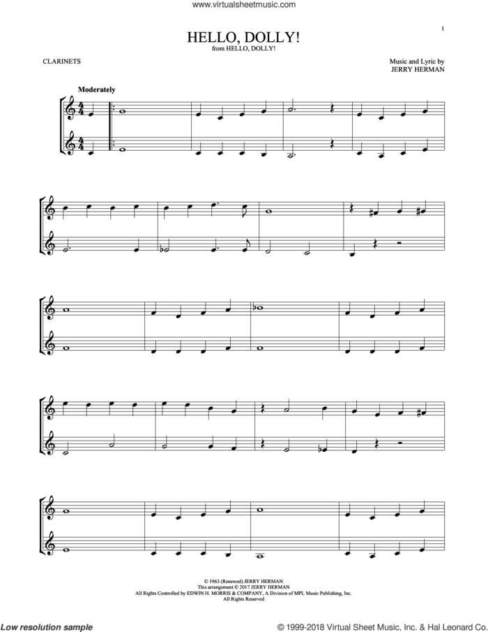 Hello, Dolly! sheet music for two clarinets (duets) by Louis Armstrong and Jerry Herman, intermediate skill level