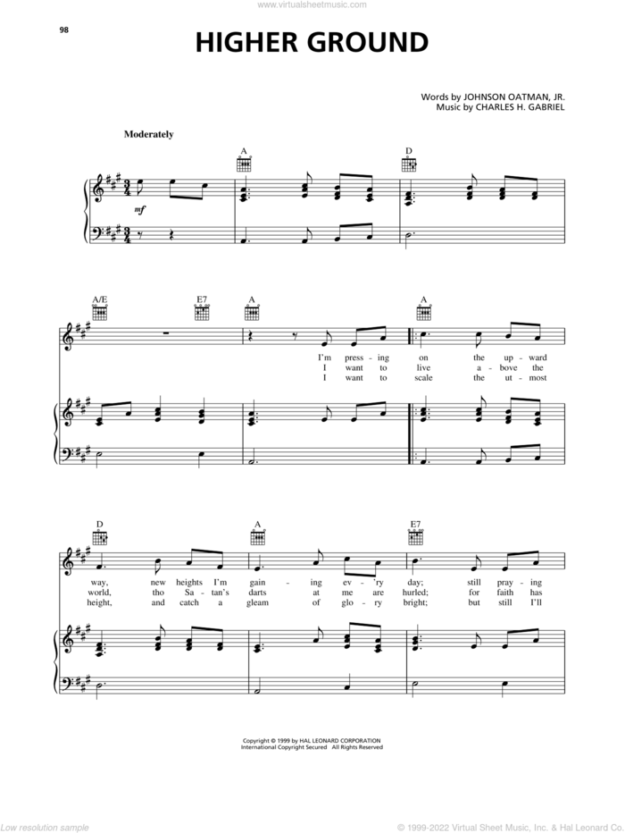 Higher Ground sheet music for voice, piano or guitar by Charles H. Gabriel and Johnson Oatman, Jr., intermediate skill level