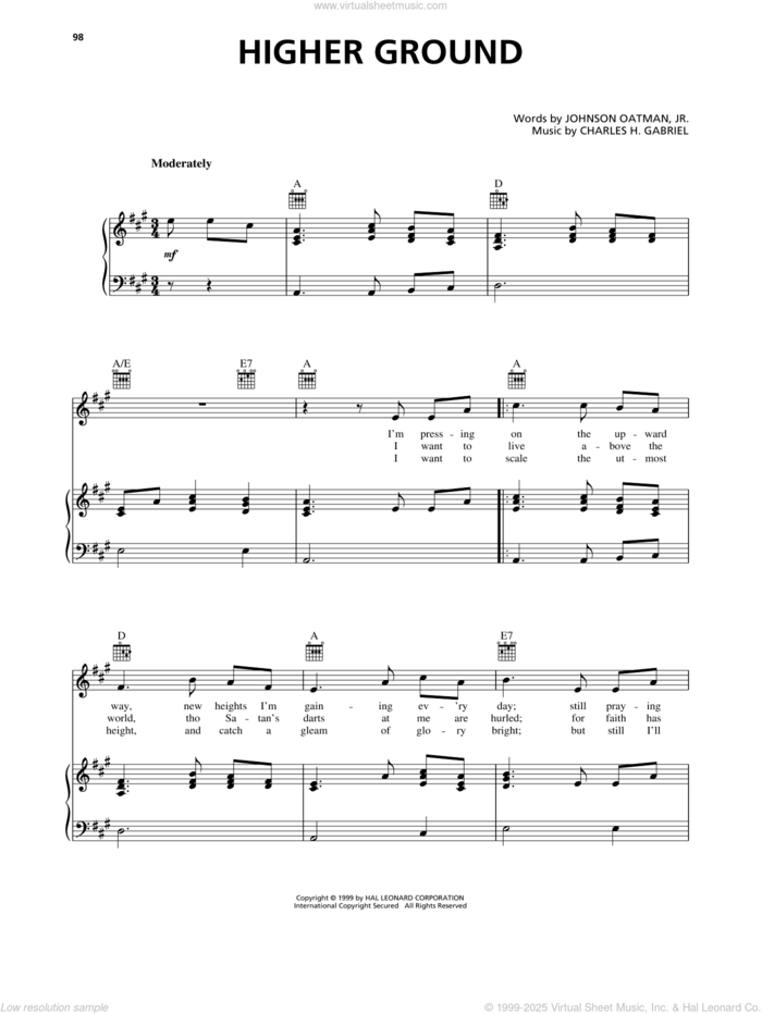 Higher Ground sheet music for voice, piano or guitar by Charles H. Gabriel and Johnson Oatman, Jr., intermediate skill level