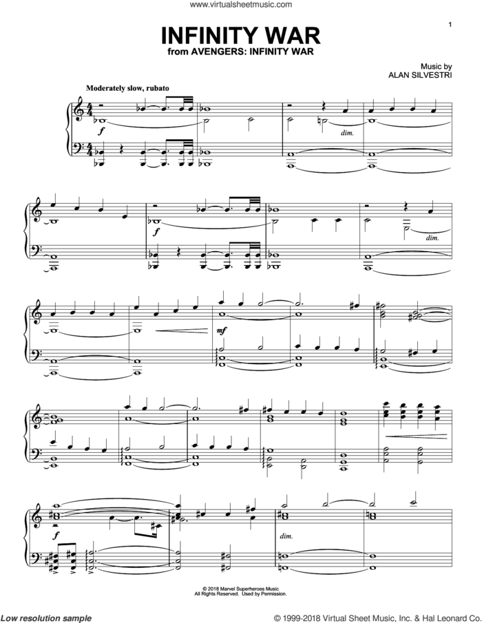Infinity War (from Avengers: Infinity War) sheet music for piano solo by Alan Silvestri, classical score, intermediate skill level