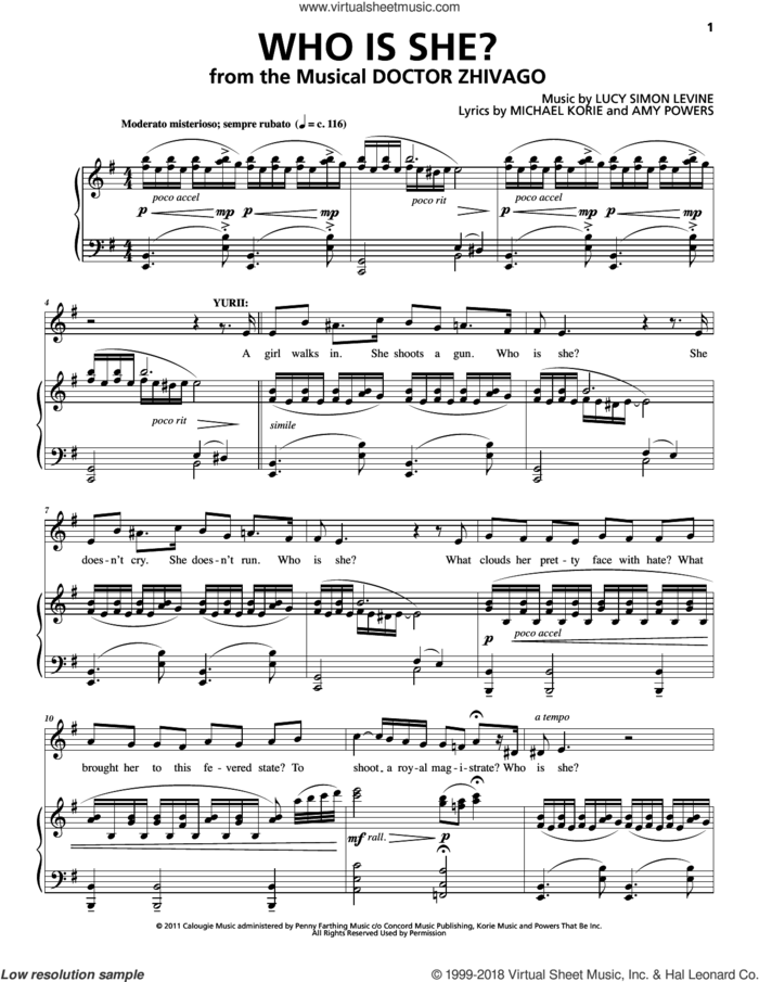 Who Is She? sheet music for voice and piano by Michael Korie, Amy Powers, Lucy Simon, Lucy Simon Levine, Lucy Simon Levine, Michael Korie & Amy Powers and Lucy Simon, Michael Korie & Amy Powers, intermediate skill level
