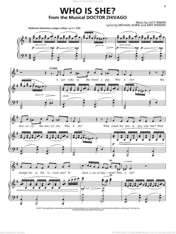 Who Is She? sheet music for voice and piano by Michael Korie, Amy Powers, Lucy Simon, Lucy Simon Levine, Lucy Simon Levine, Michael Korie & Amy Powers and Lucy Simon, Michael Korie & Amy Powers, intermediate skill level